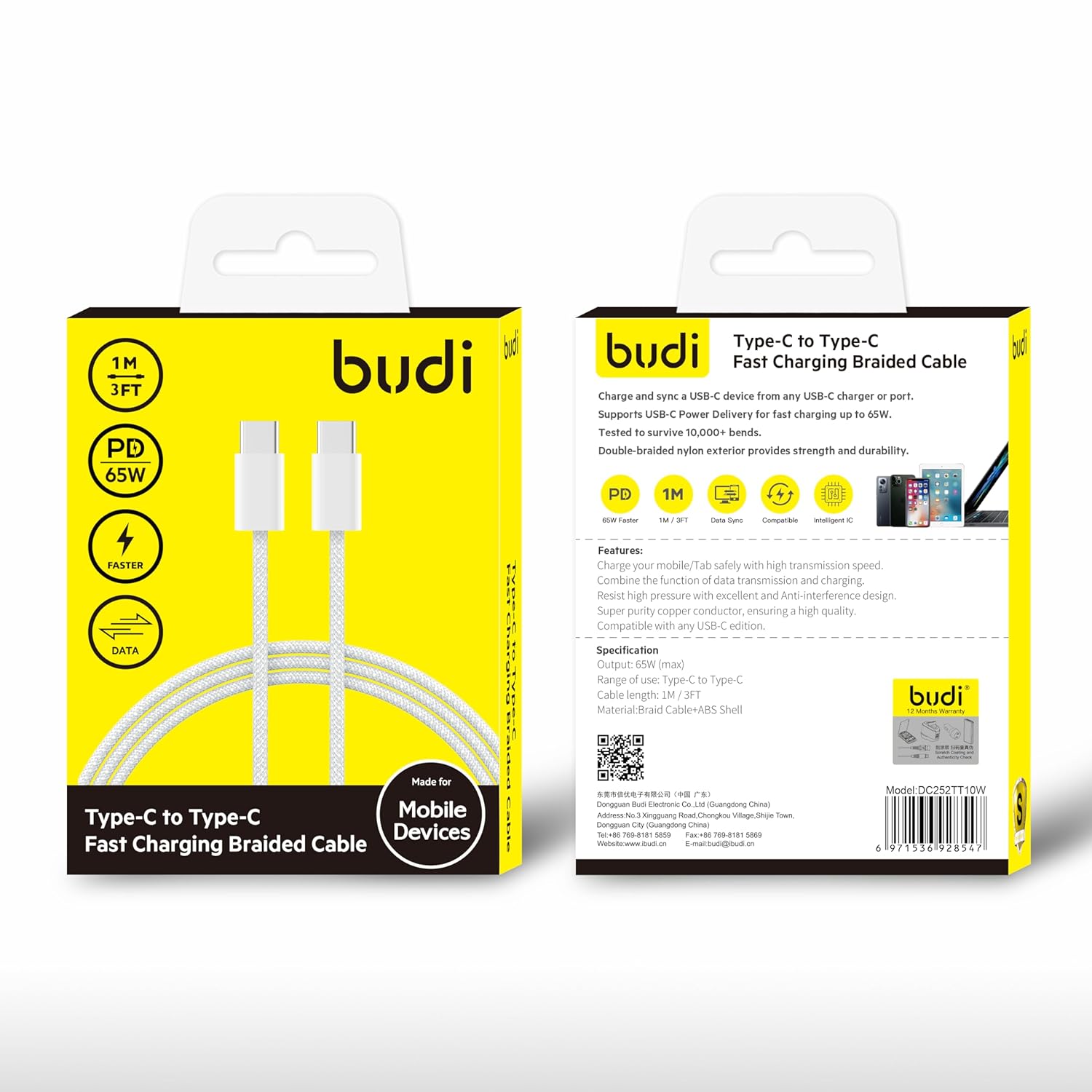 Budi Type-C to Type-C Fast Charging Braided Cable 1m